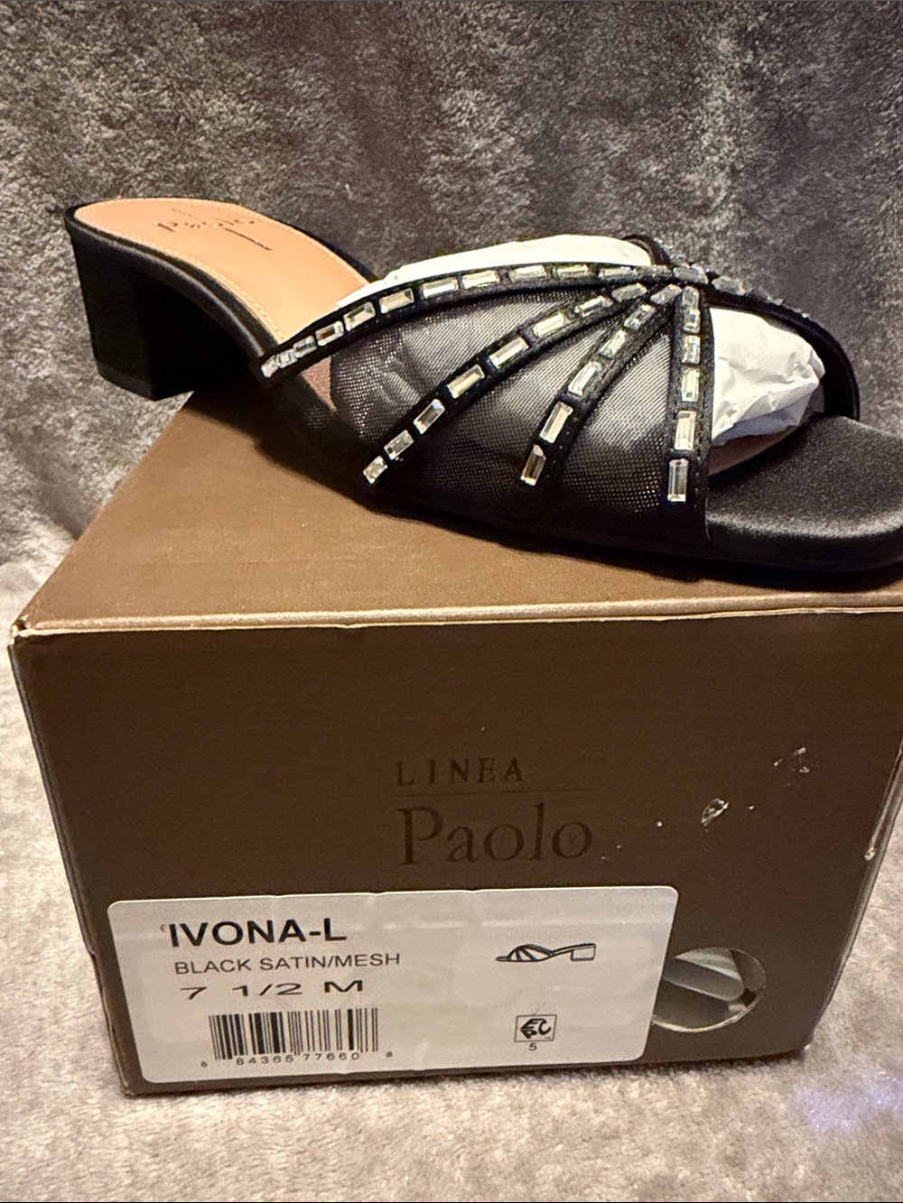 NEW IN BOX LINEA PAOLO IVONA BLACK SATIN AND MESH LOW HEEL 7.5